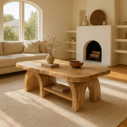 Handcrafted Solid Wood Coffee Table with Sculpted Arch Base