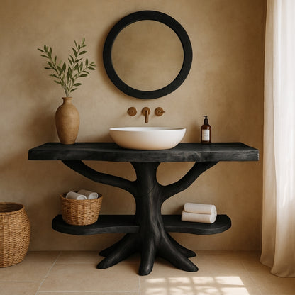 Handcrafted Solid Wood Vanity with Root Base & Shelves