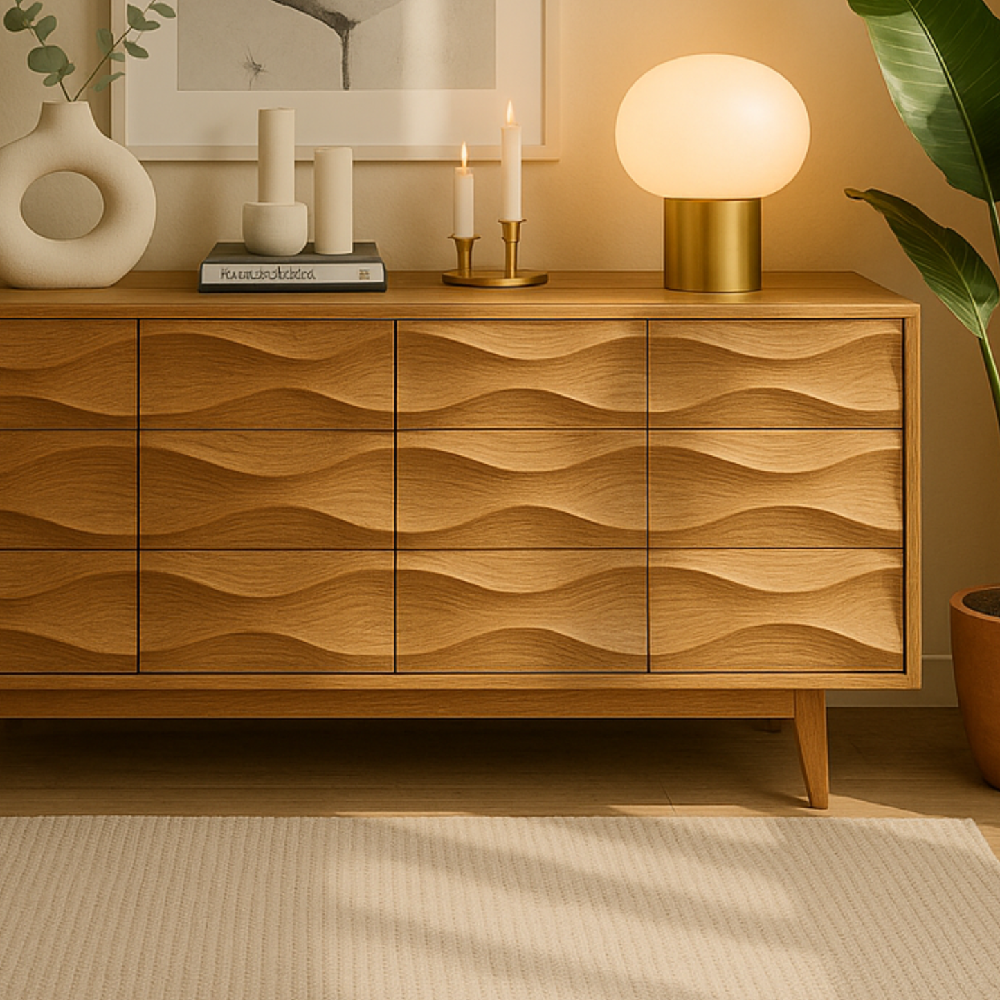 Modern Solid-Wood Sideboard with 3D Wave Doors