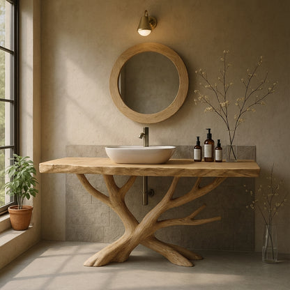 Handcrafted Solid Wood Bathroom Vanity with Sculptural Branch Base
