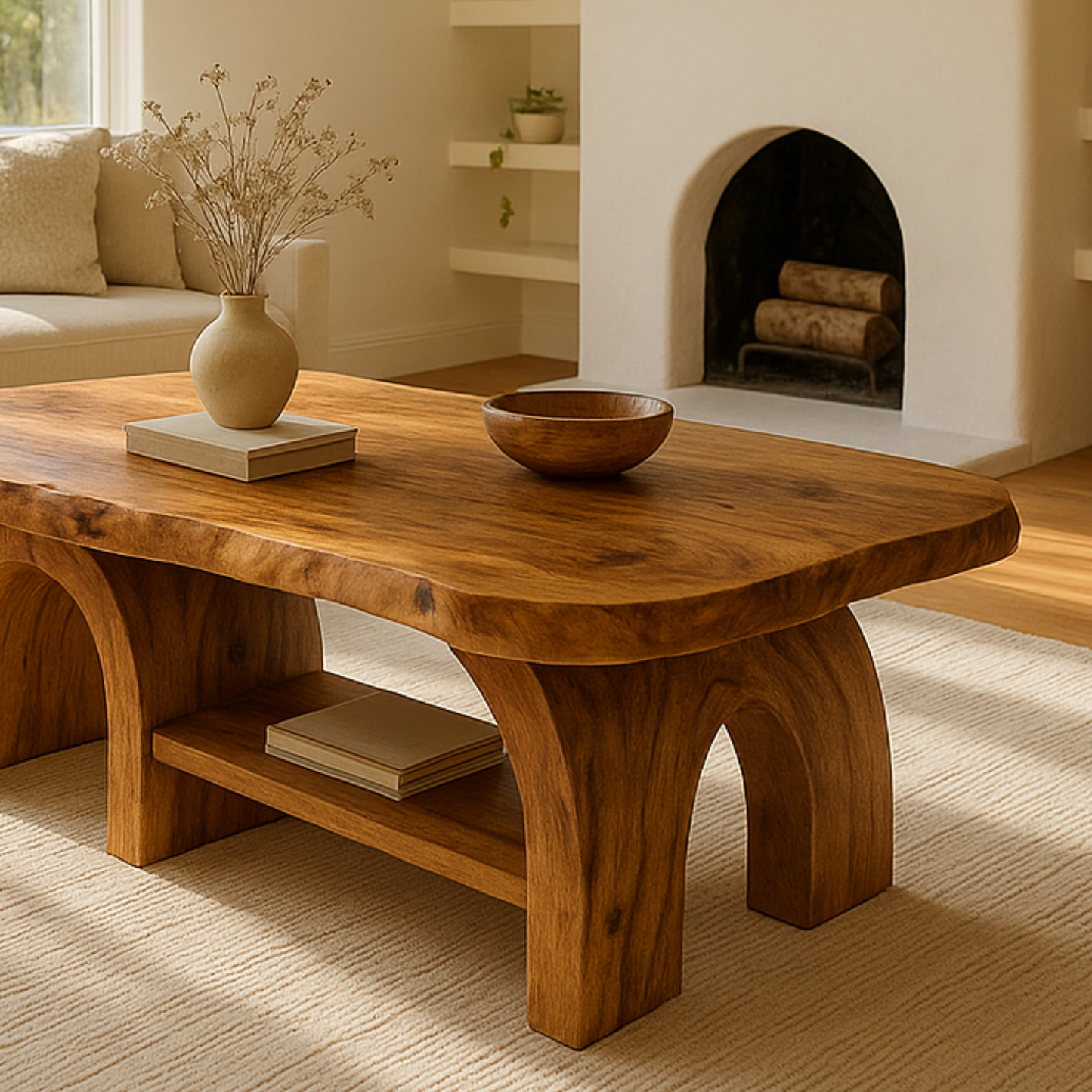 Handcrafted Solid Wood Coffee Table with Sculpted Arch Base