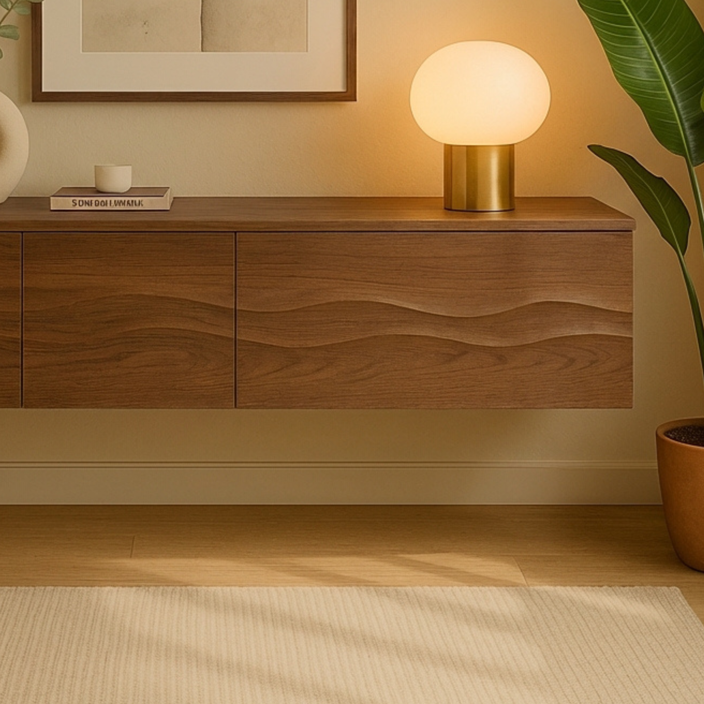 Solid-Wood Floating Sideboard with 3D Wave Texture