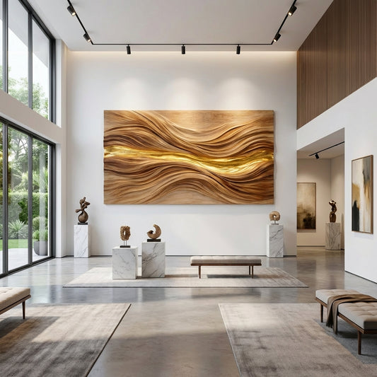 Luxury Sculptural Wooden Wall Art with Gold Inlay – Handcrafted 3D Wall Sculpture