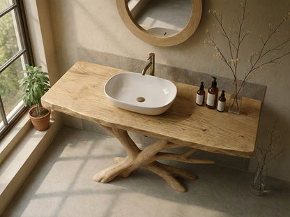 Handcrafted Solid Wood Bathroom Vanity with Sculptural Branch Base