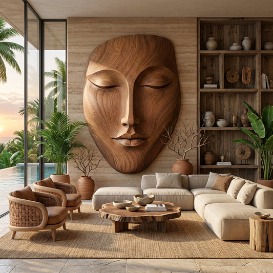 Hand-Carved Wooden Face Wall Sculpture – Luxury Sculptural Wall Art