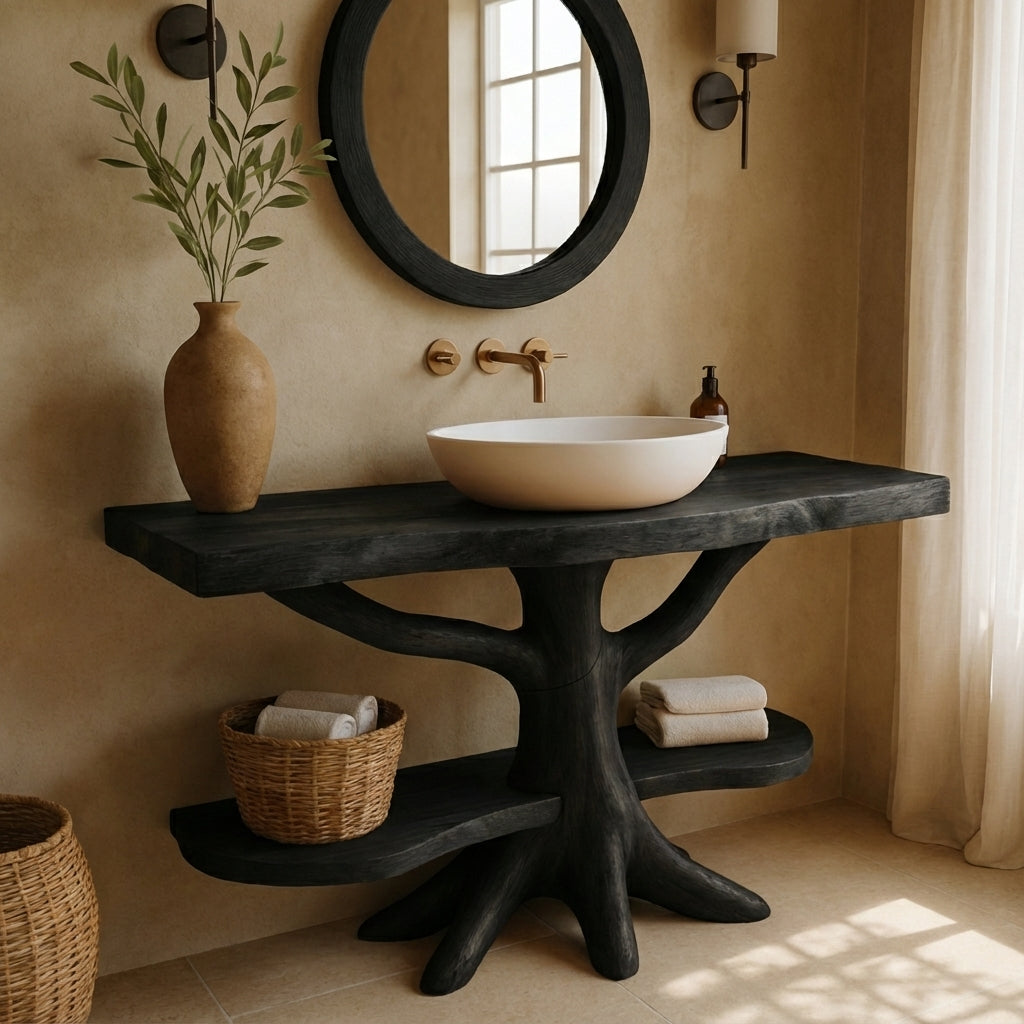 Handcrafted Solid Wood Vanity with Root Base & Shelves