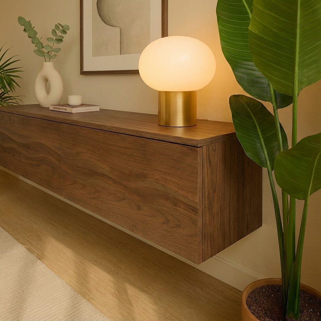 Solid-Wood Floating Sideboard with 3D Wave Texture