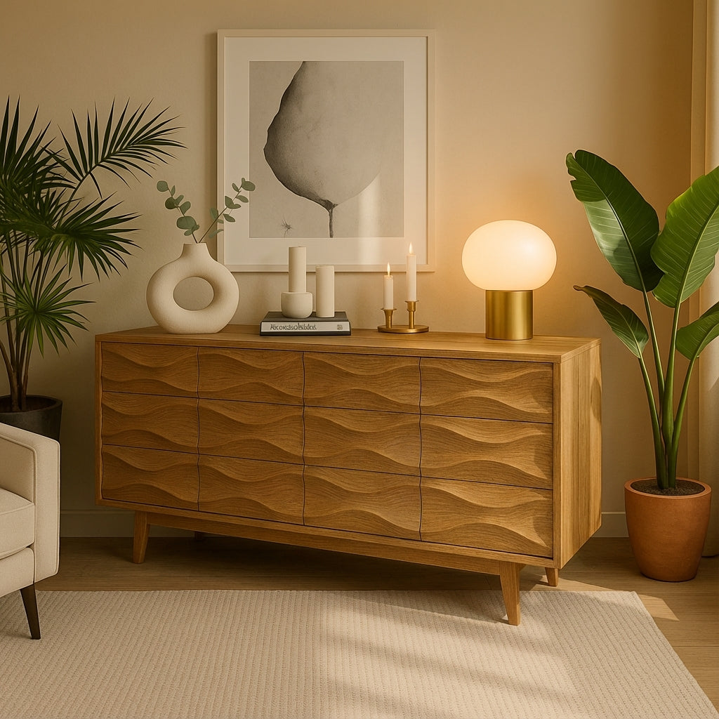 Modern Solid-Wood Sideboard with 3D Wave Doors