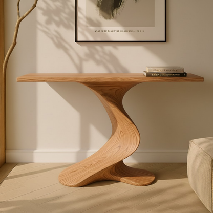 Organic Modern Solid Wood Console Table Featuring a Sculpted S-Curve Base