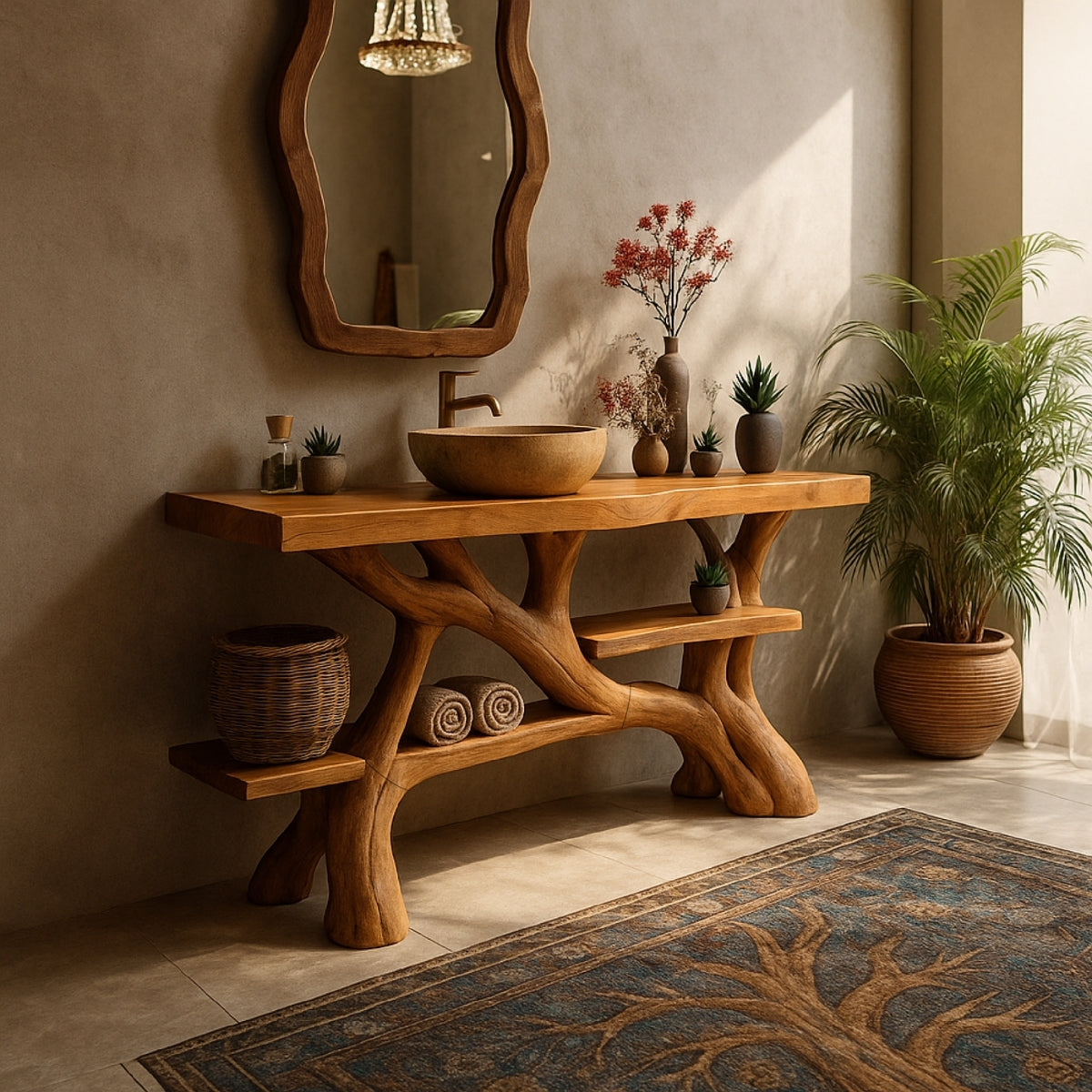 Organic Modern Solid Wood Bathroom Vanity with Hand-Sculpted Tree-Branch Base