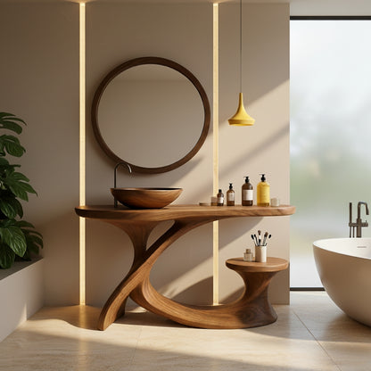 Organic Modern Solid Wood Bathroom Vanity with Sculpted Cross-Flow Base and Integrated Side Console