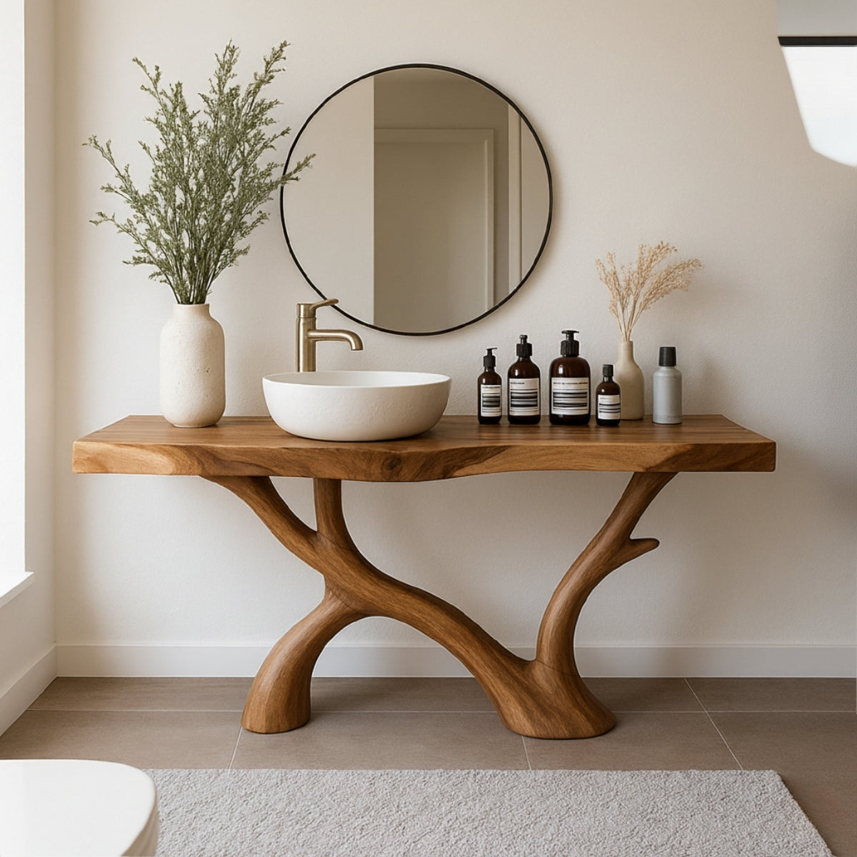 Organic Modern Solid Wood Bathroom Vanity with Sculpted Branch-Form Base