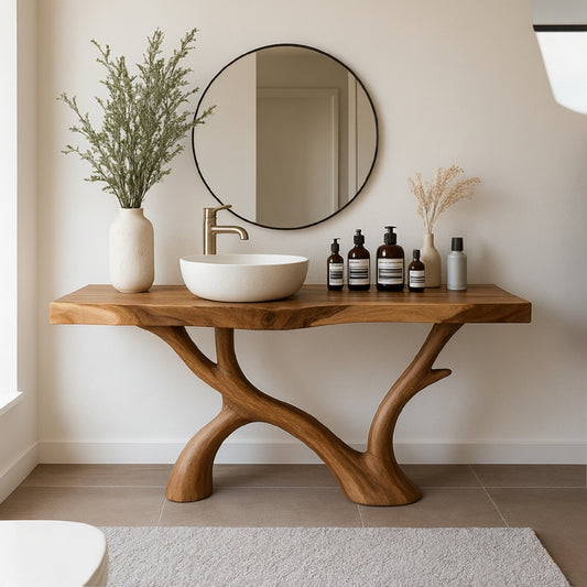 Organic Modern Solid Wood Bathroom Vanity with Sculpted Branch-Form Base