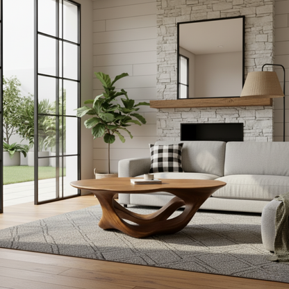 Organic Modern Solid Wood Coffee Table with Sculpted Triple-Flow Base