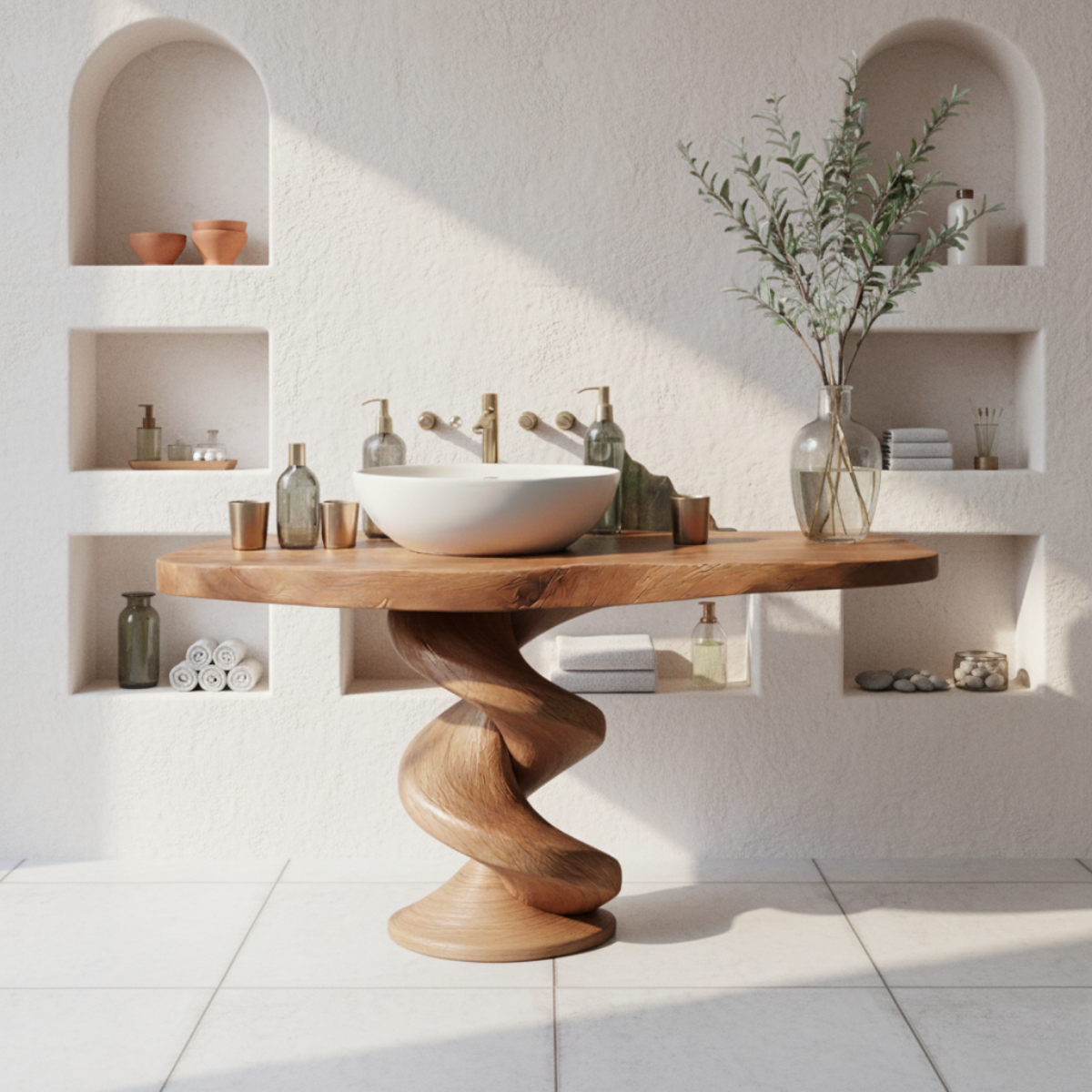 Organic Modern Spiral-Base Solid Wood Bathroom Vanity