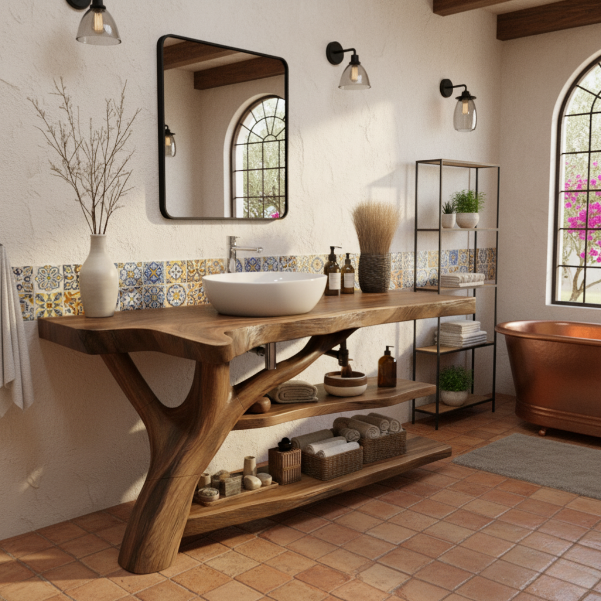 Organic Modern Solid Wood Bathroom Vanity with Tree-Trunk Base and Multi-Level Shelving