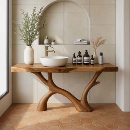 Organic Modern Solid Wood Bathroom Vanity with Sculpted Branch-Form Base