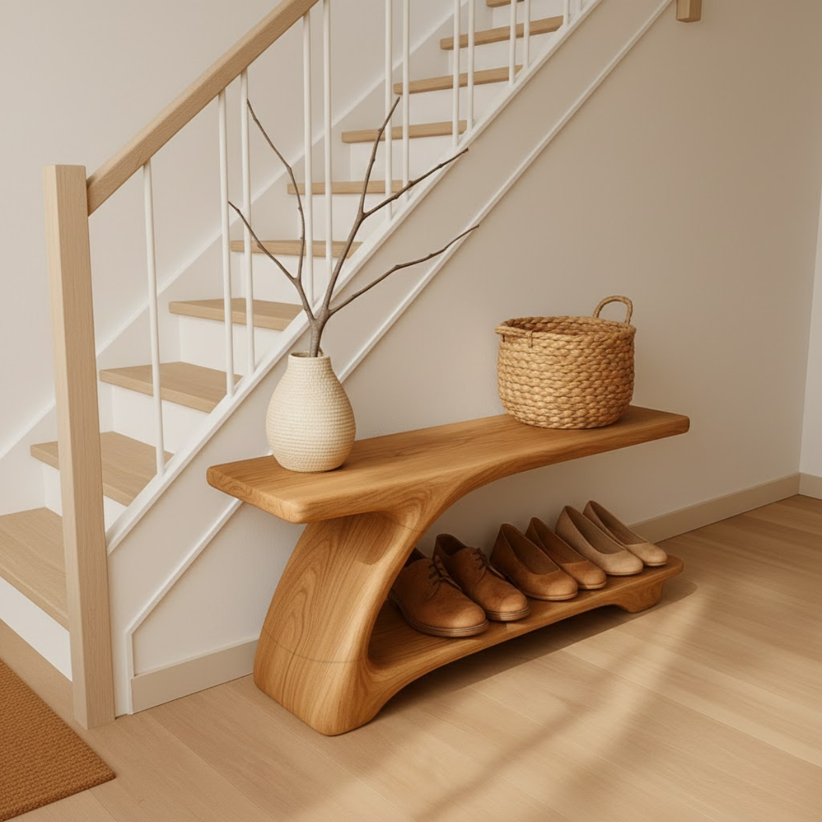 Sculpted Solid Wood Shoe Bench with Fluid Curved Base