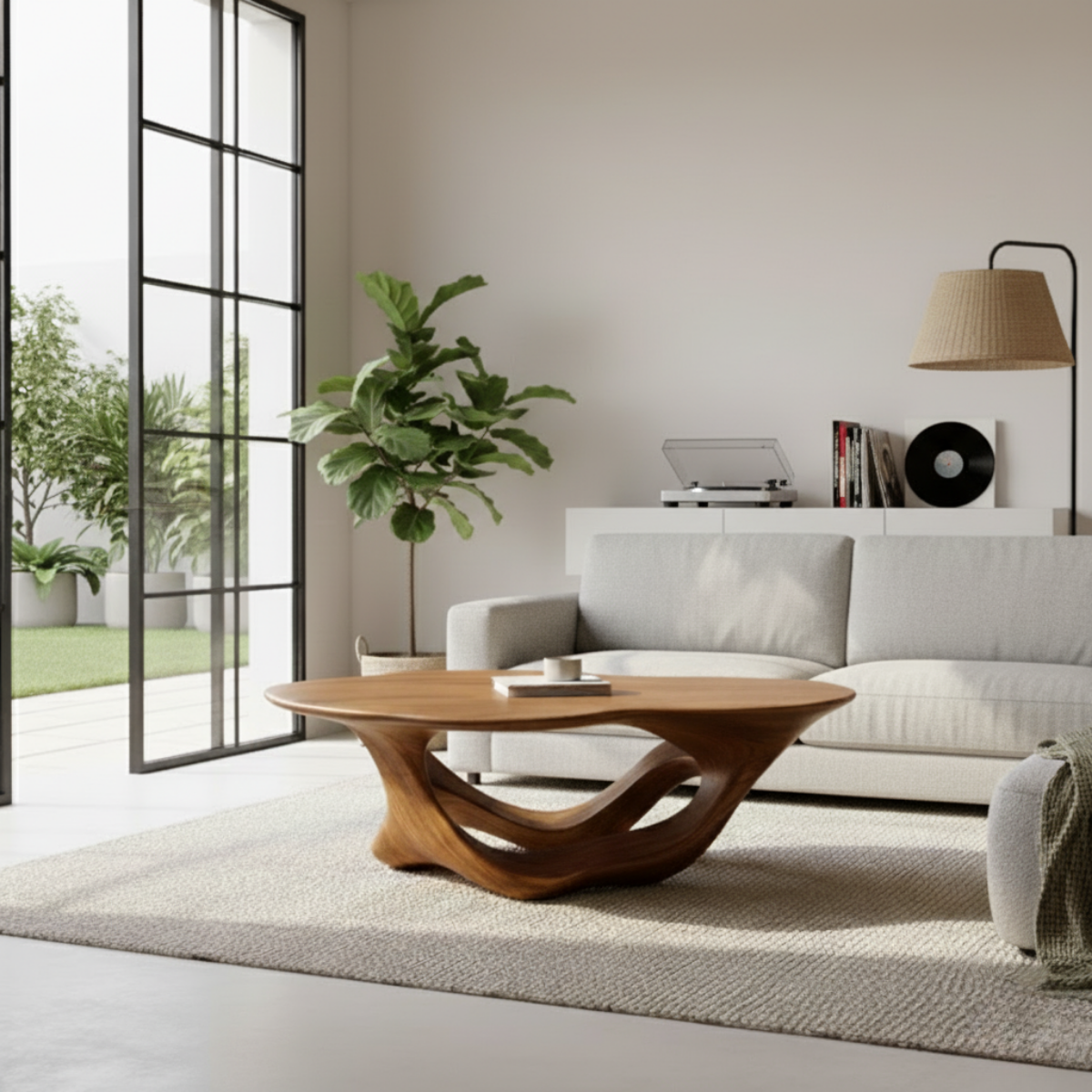 Organic Modern Solid Wood Coffee Table with Sculpted Triple-Flow Base