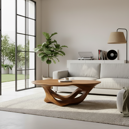 Organic Modern Solid Wood Coffee Table with Sculpted Triple-Flow Base