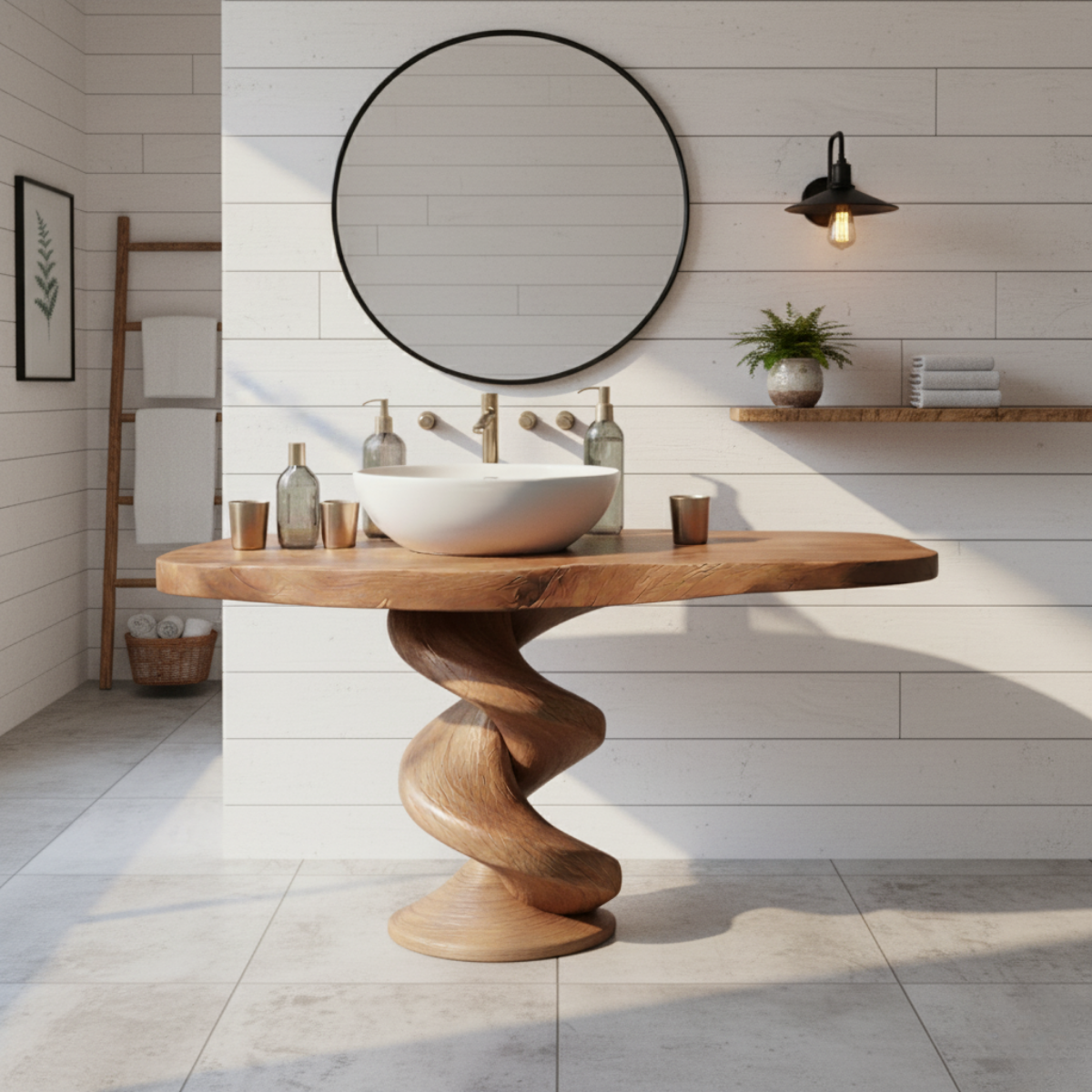 Organic Modern Spiral-Base Solid Wood Bathroom Vanity