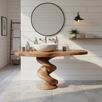 Organic Modern Spiral-Base Solid Wood Bathroom Vanity
