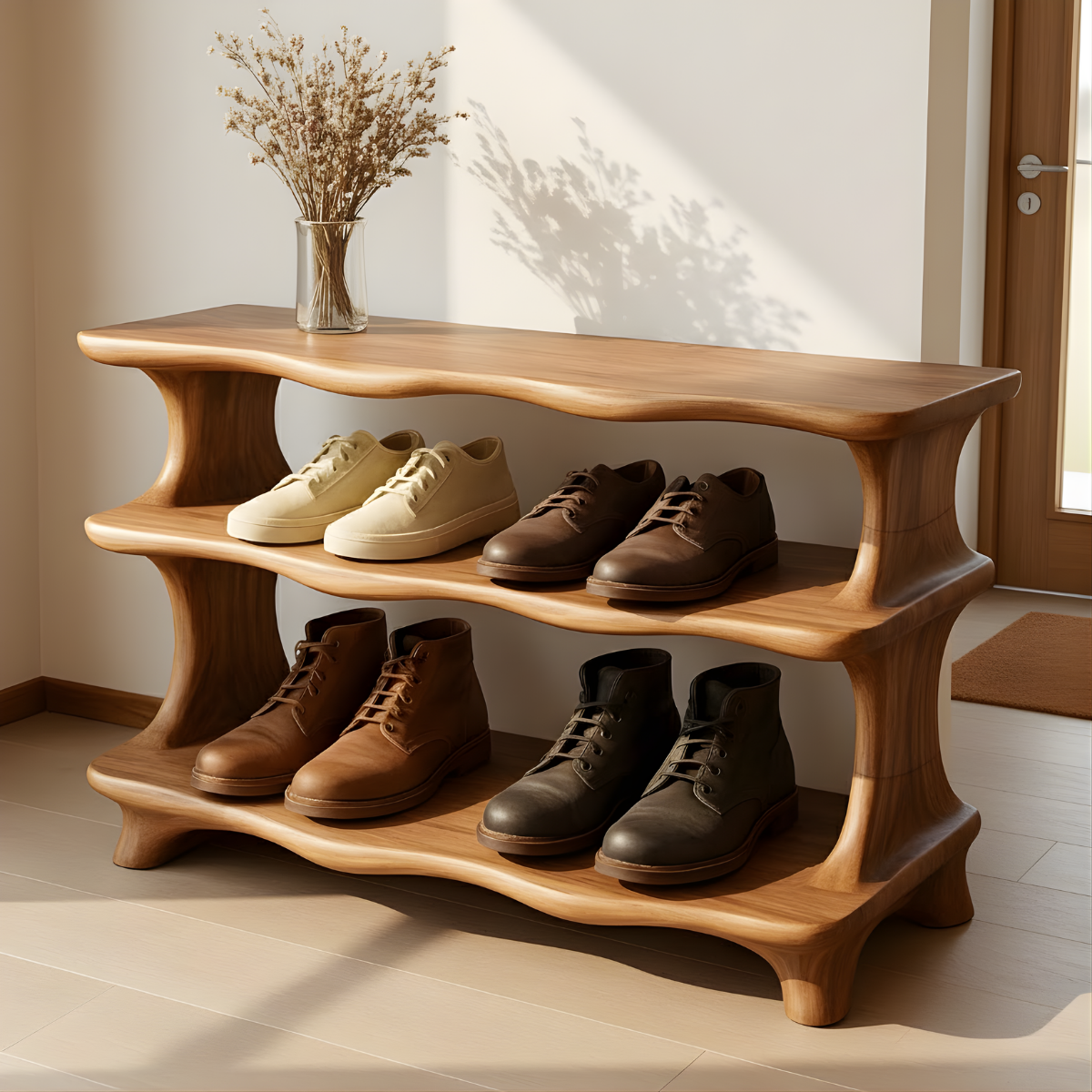 Handcrafted Flow-Form Shoe Shelf Featuring Rounded Fluid Contours