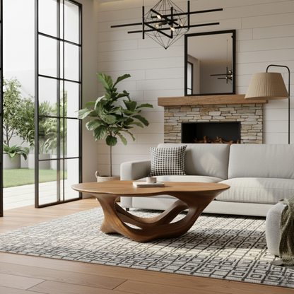 Organic Modern Solid Wood Coffee Table with Sculpted Triple-Flow Base