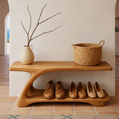 Sculpted Solid Wood Shoe Bench with Fluid Curved Base