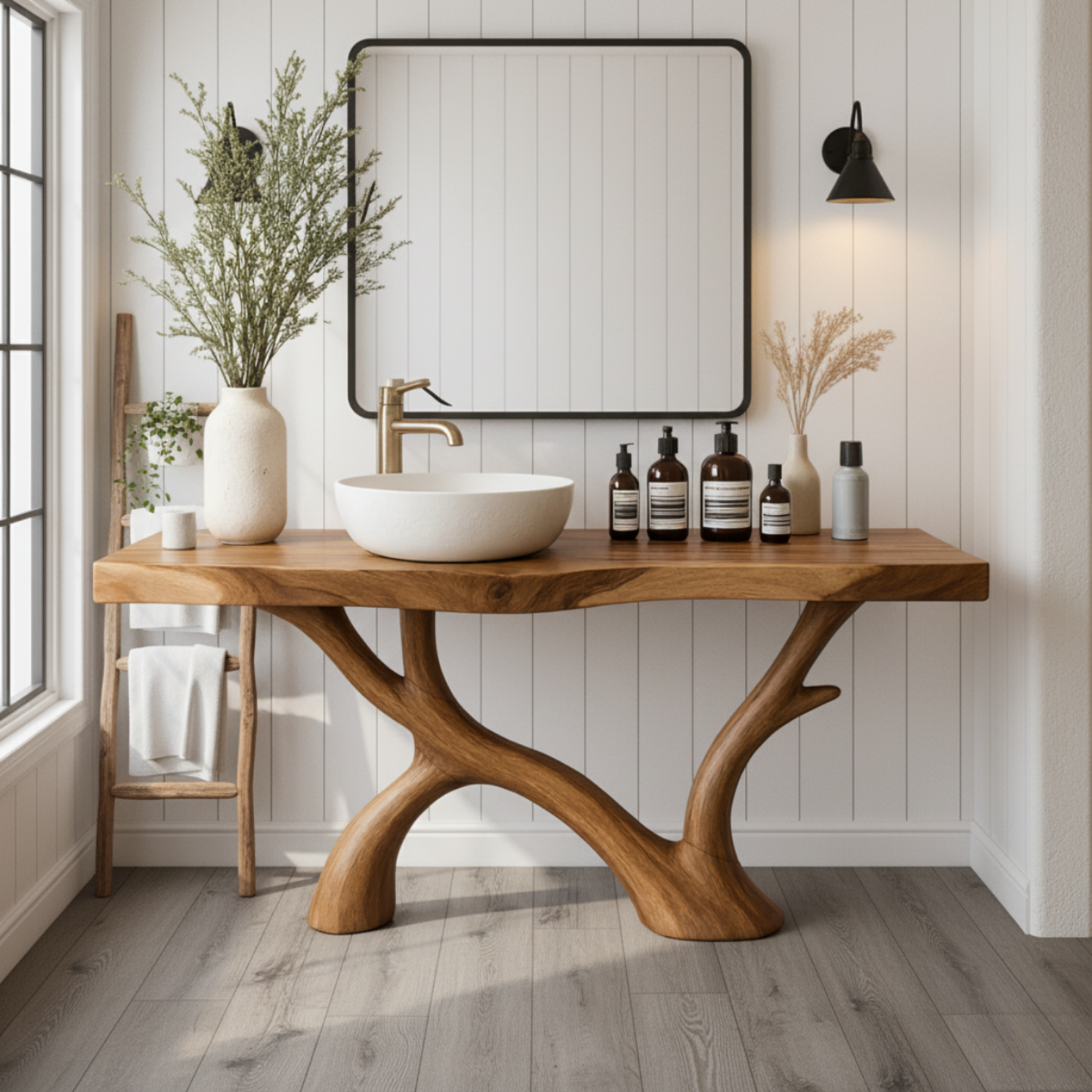 Organic Modern Solid Wood Bathroom Vanity with Sculpted Branch-Form Base