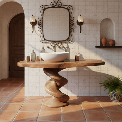 Organic Modern Spiral-Base Solid Wood Bathroom Vanity