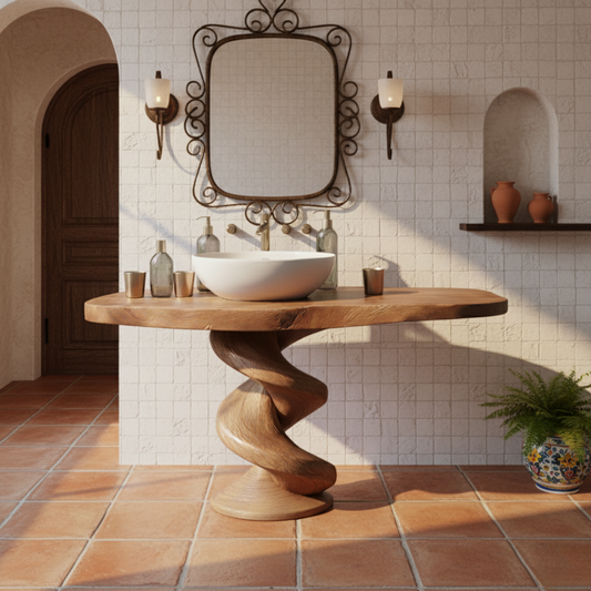 Organic Modern Spiral-Base Solid Wood Bathroom Vanity
