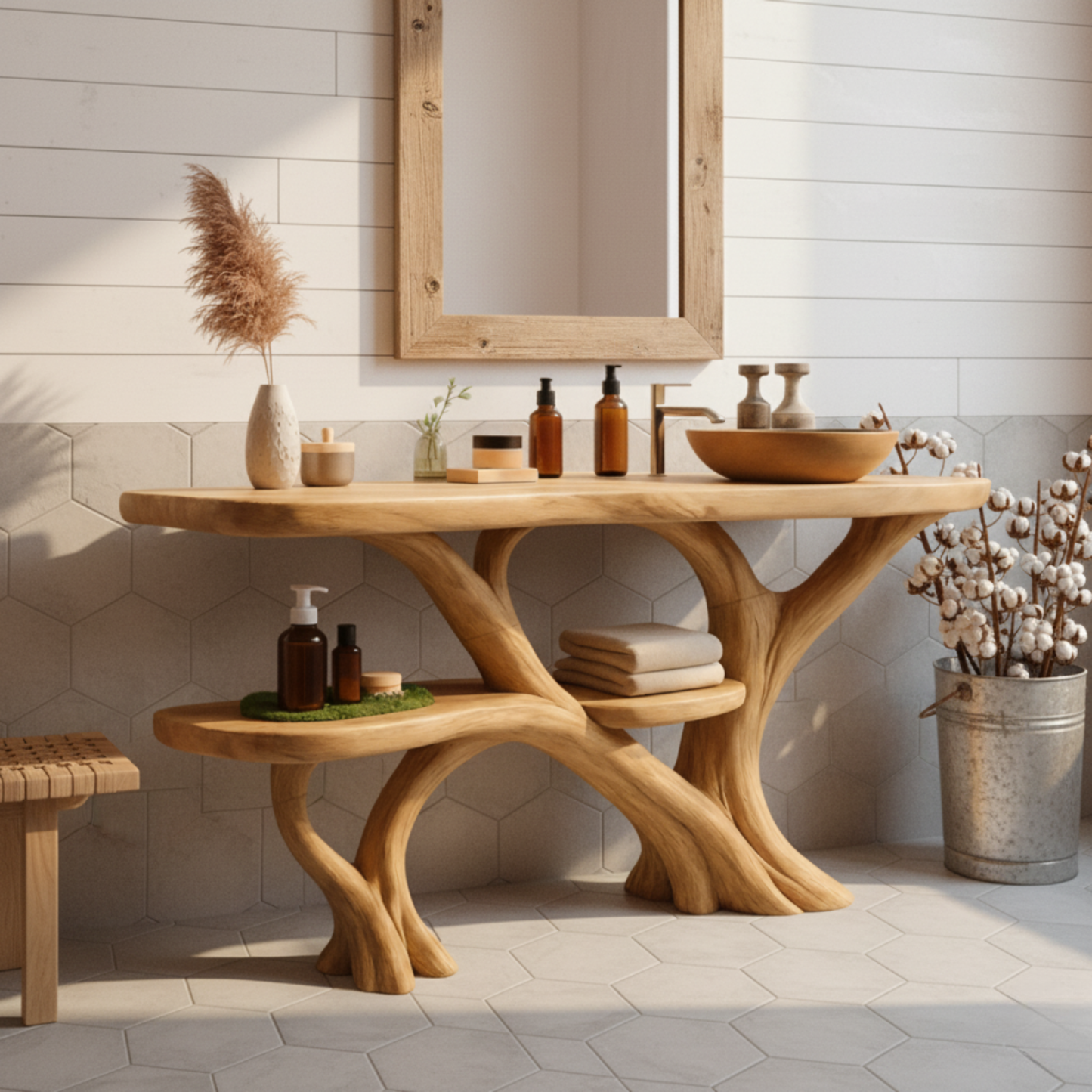 Organic Modern Solid Wood Bathroom Vanity with Sculpted Multi-Branch Base and Integrated Storage Shelves