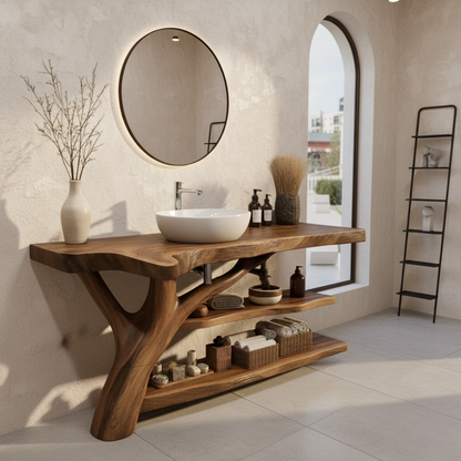 Organic Modern Solid Wood Bathroom Vanity with Tree-Trunk Base and Multi-Level Shelving