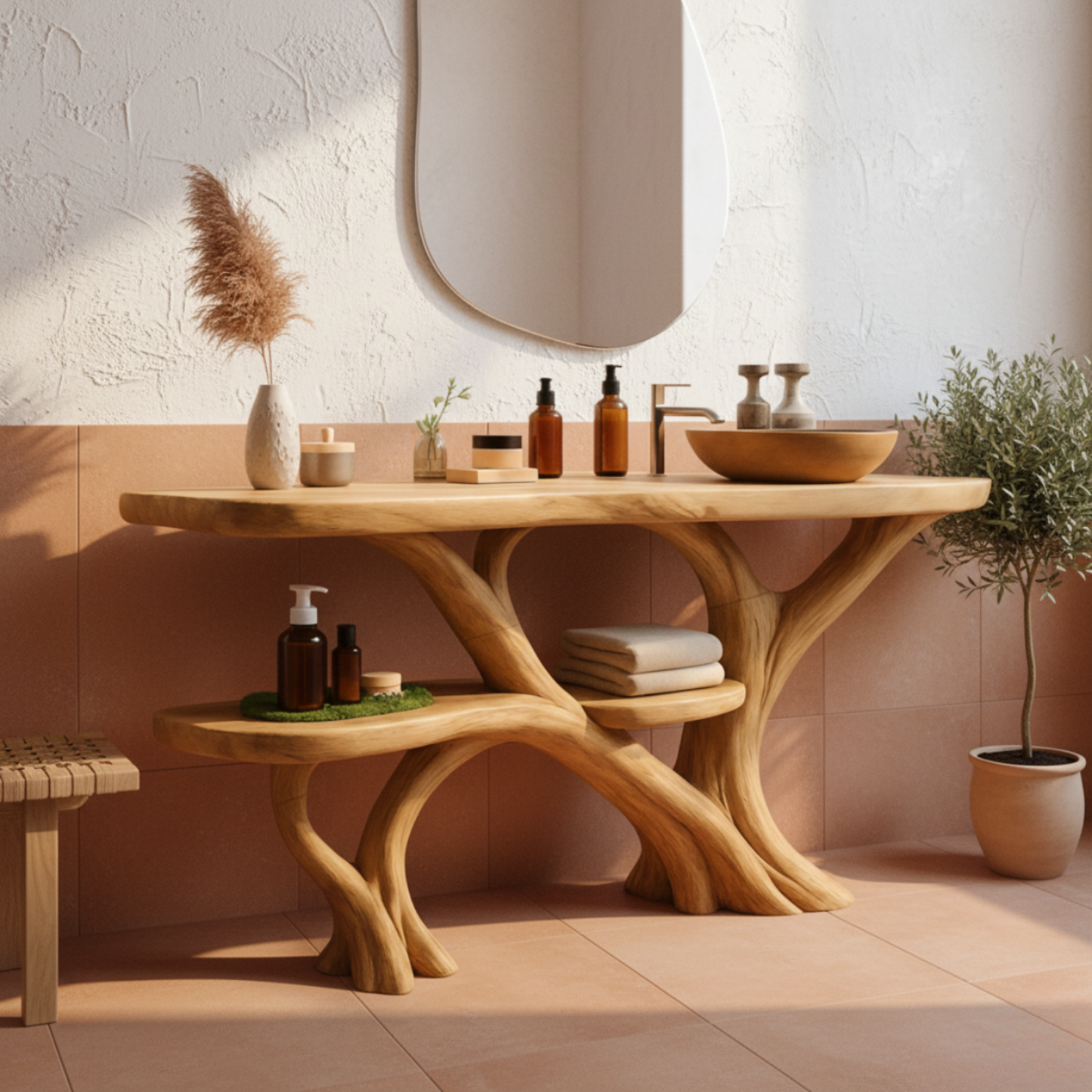 Organic Modern Solid Wood Bathroom Vanity with Sculpted Multi-Branch Base and Integrated Storage Shelves