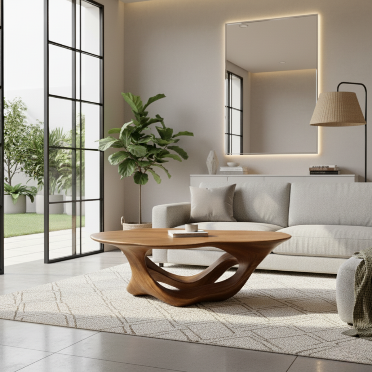 Organic Modern Solid Wood Coffee Table with Sculpted Triple-Flow Base