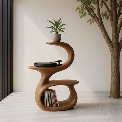 S-Curve Sculpted Solid Wood Turntable Cabinet with Integrated Vinyl Storage