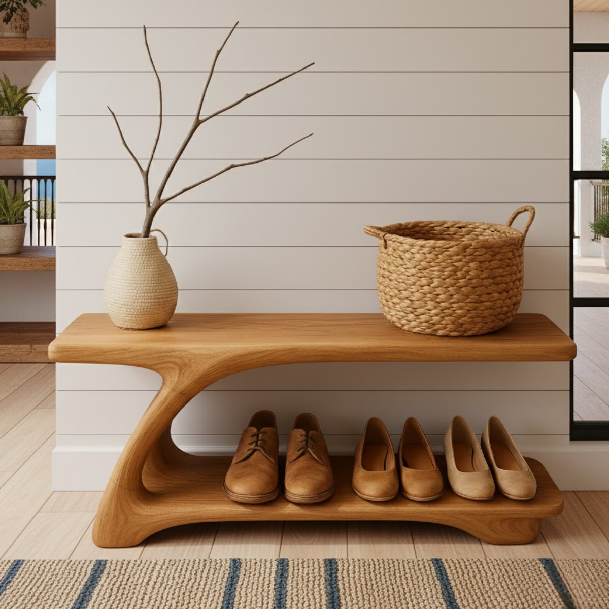 Sculpted Solid Wood Shoe Bench with Fluid Curved Base