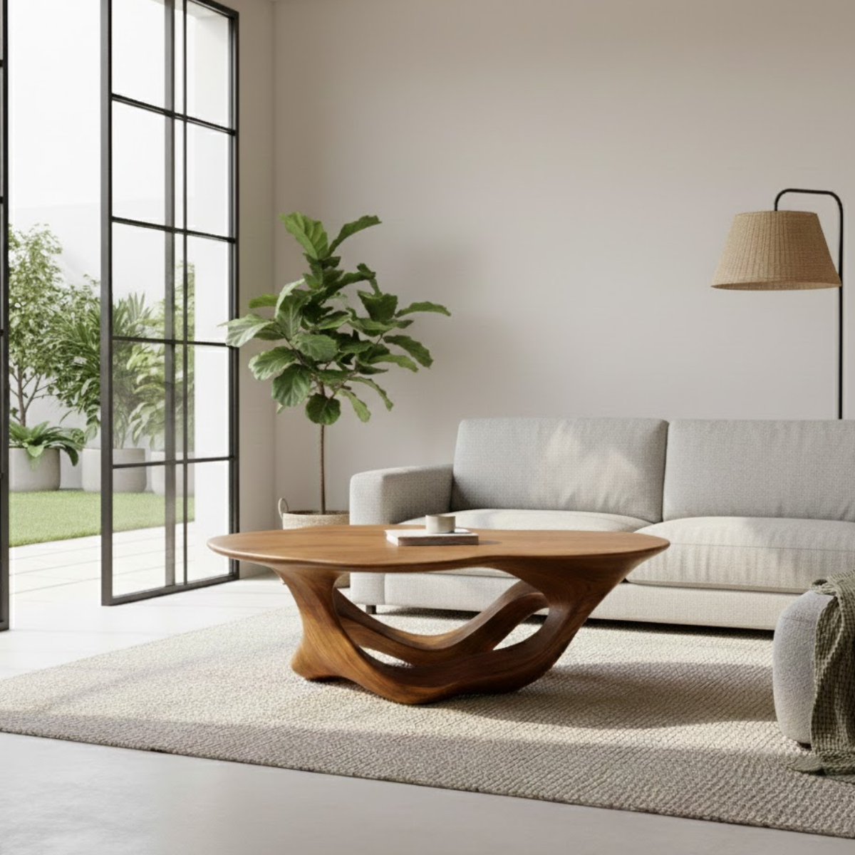 Organic Modern Solid Wood Coffee Table with Sculpted Triple-Flow Base