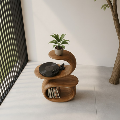 S-Curve Sculpted Solid Wood Turntable Cabinet with Integrated Vinyl Storage