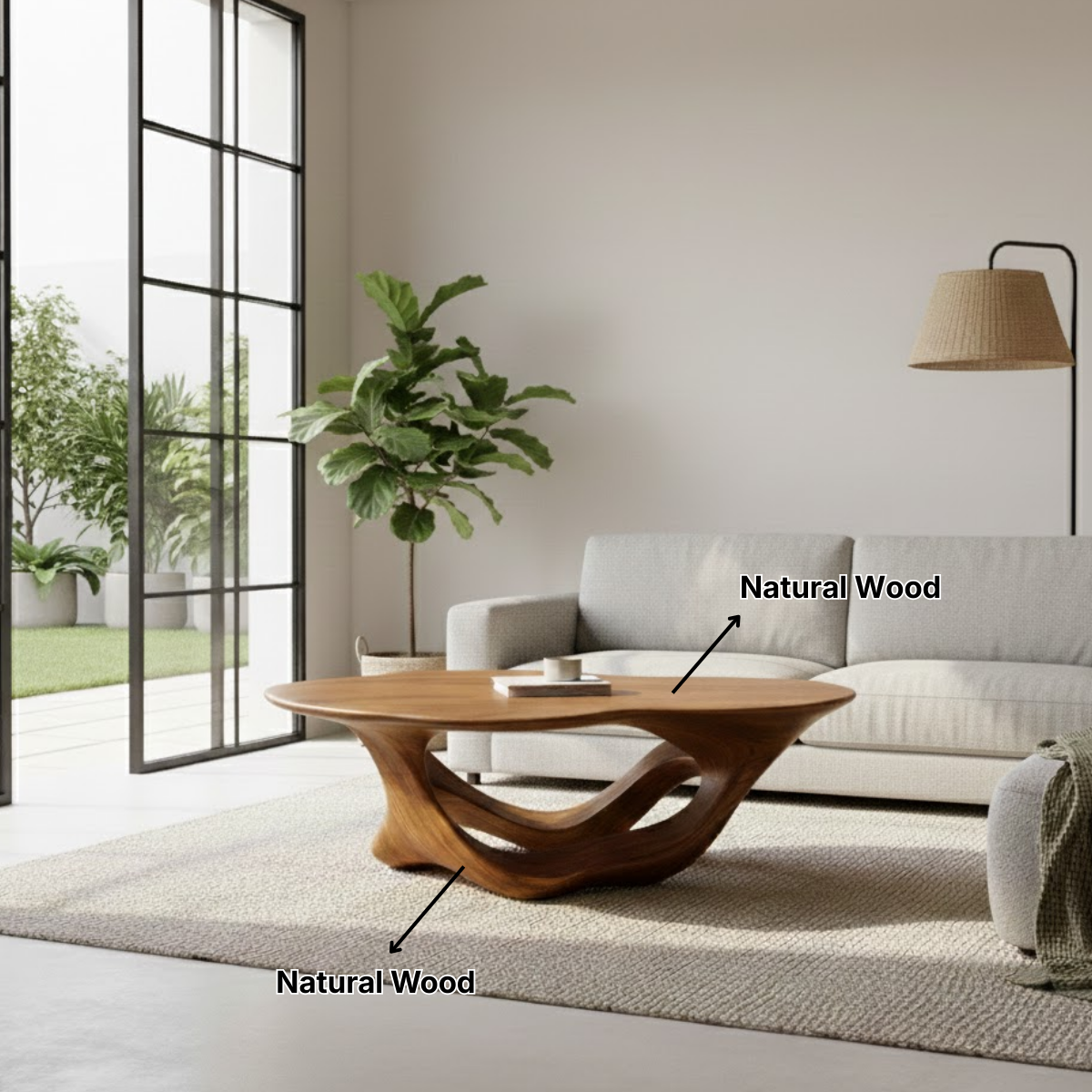 Organic Modern Solid Wood Coffee Table with Sculpted Triple-Flow Base