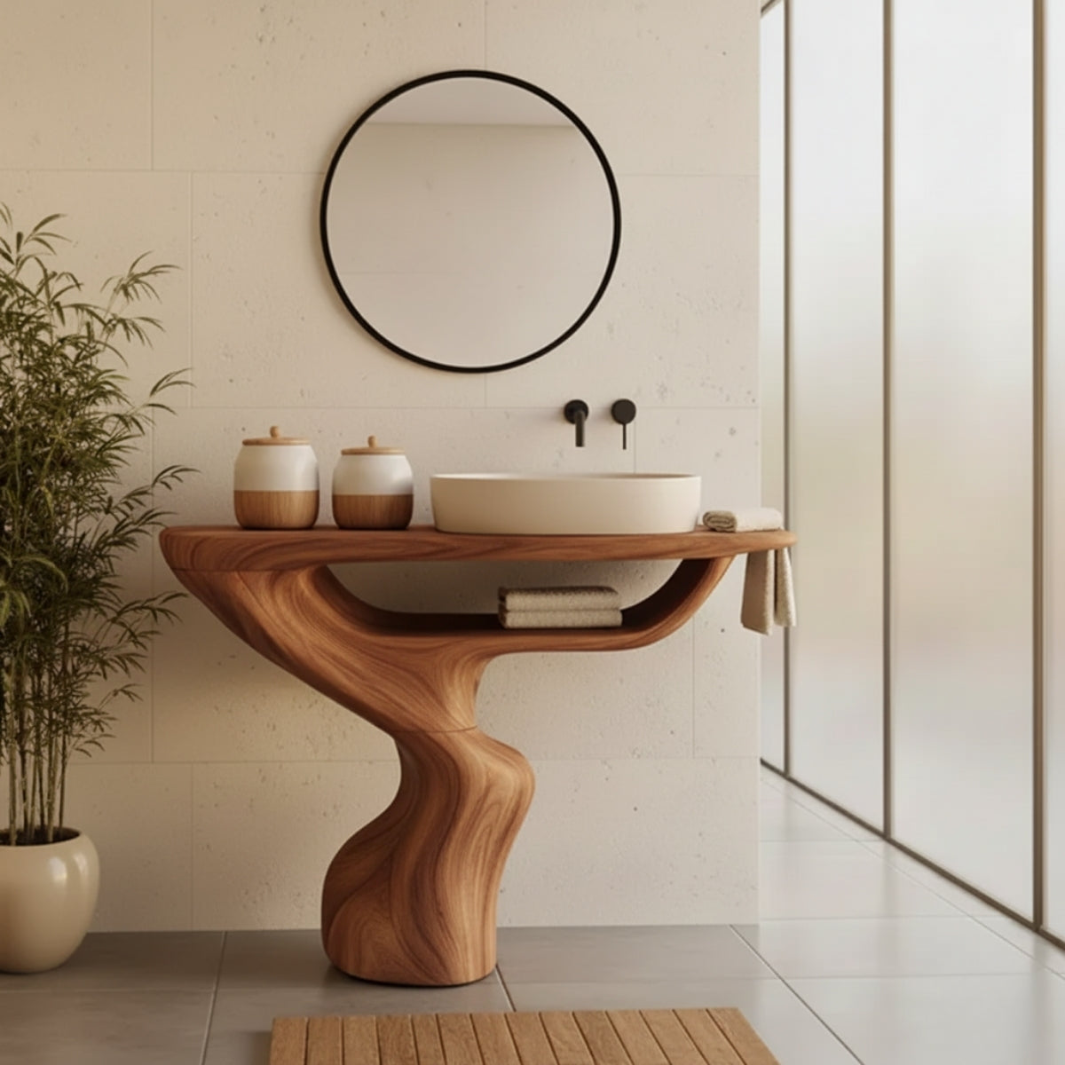 Organic Modern Solid Wood Bathroom Vanity with Sculpted Pedestal Base