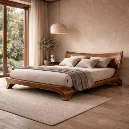 Sculptural Solid Wood Bed – Wave-Inspired Elegance for Luxury Bedrooms
