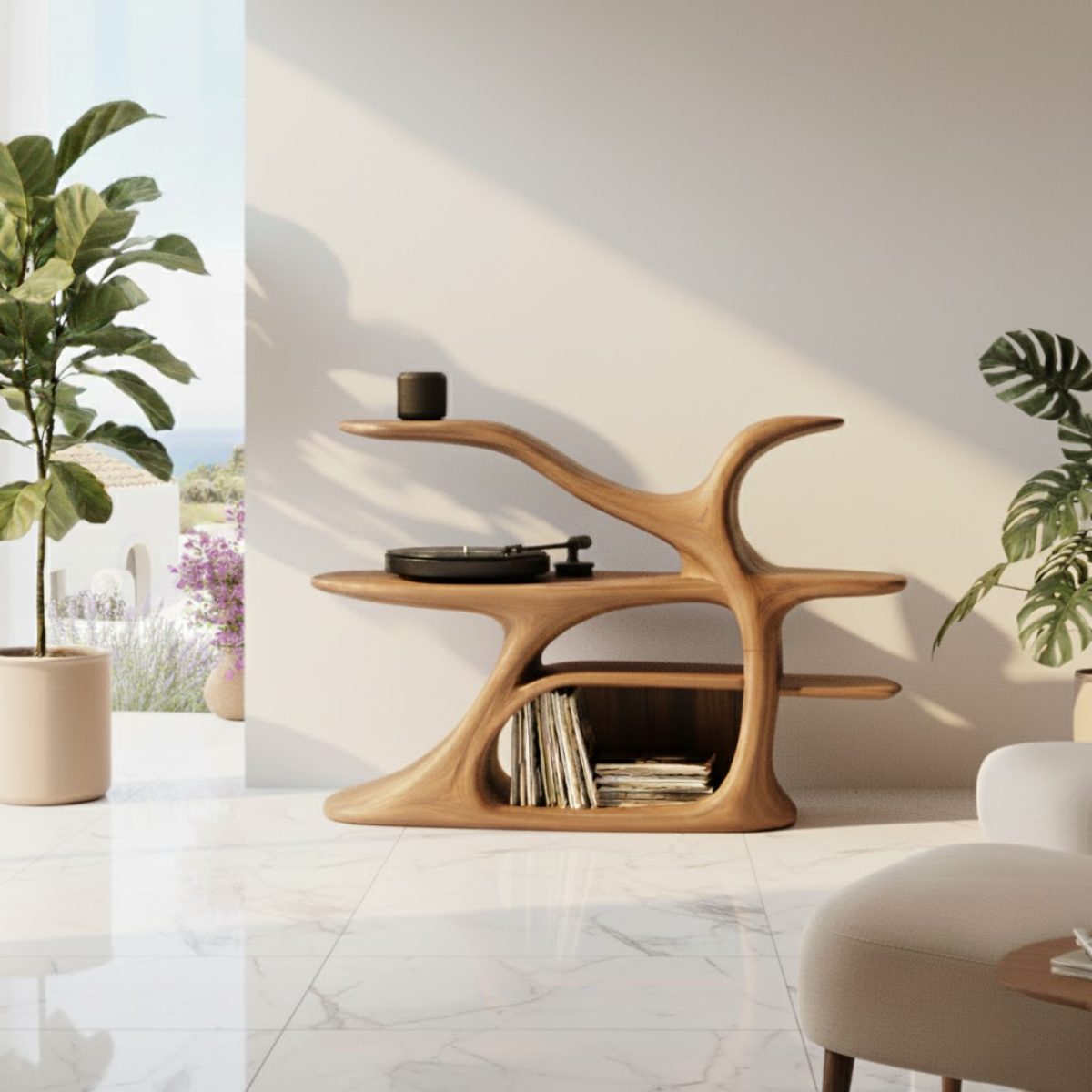 Organic Sculptural Turntable Console in Branch-Flow Solid Wood Design