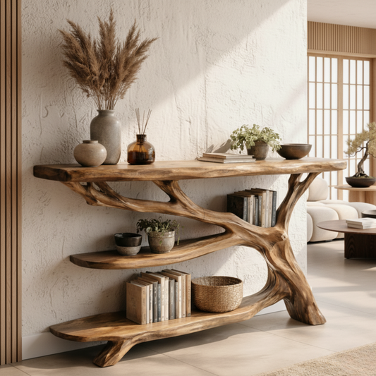 Sculptural Live Edge Wood Console Table with Organic Tree Base – Modern Rustic Design