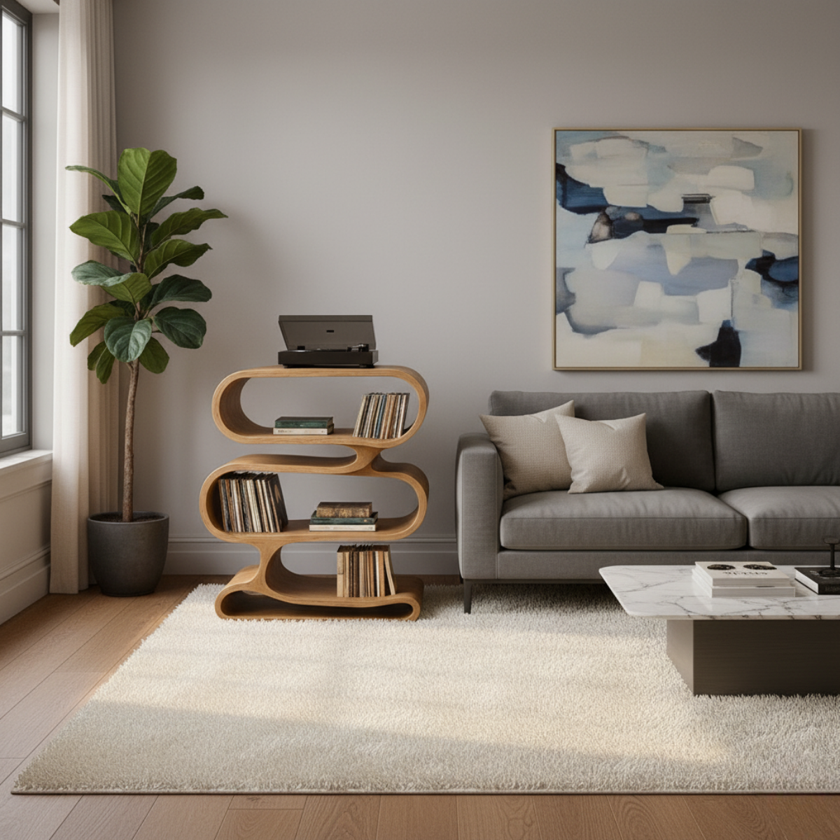 Organic Loop-Form Solid Wood Turntable Cabinet with Layered Vinyl Storage