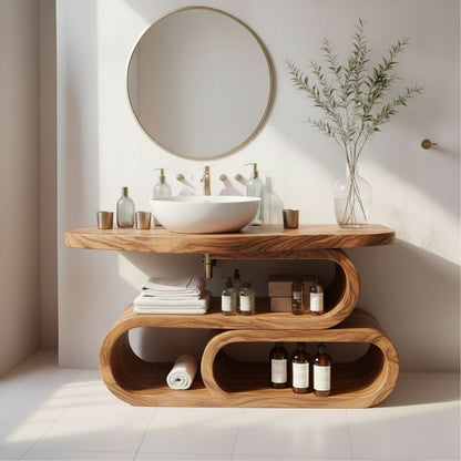 Organic Modern Solid Wood Bathroom Vanity with Sculpted Loop Shelving