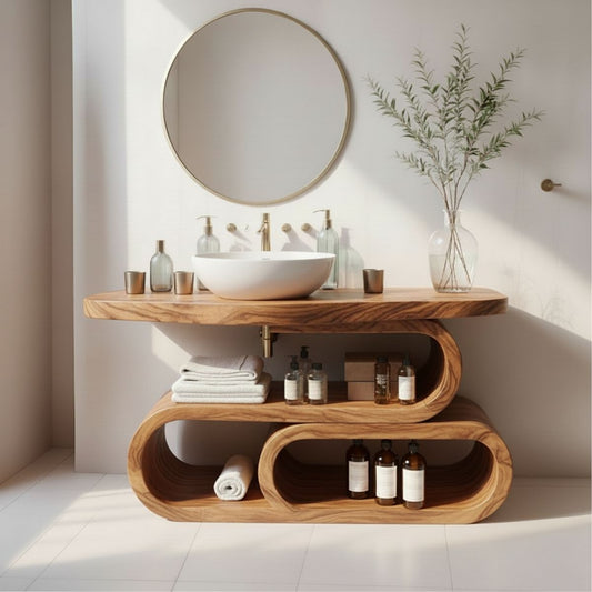 Organic Modern Solid Wood Bathroom Vanity with Sculpted Loop Shelving