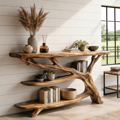 Sculptural Live Edge Wood Console Table with Organic Tree Base – Modern Rustic Design