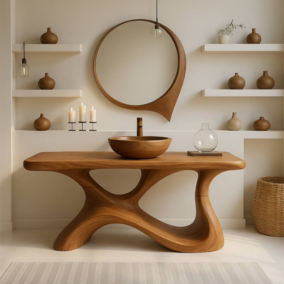 Organic Modern Solid Wood Bathroom Vanity with Sculpted Fluid-Form Base